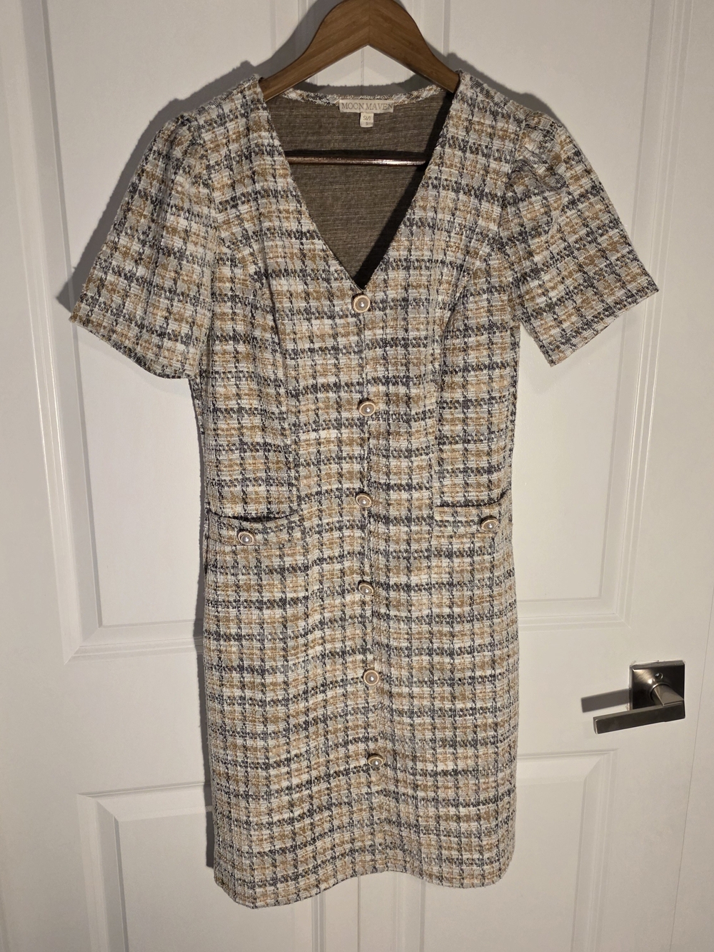 Moon River Cream and Tan Tweed Button-Front Midi Dress